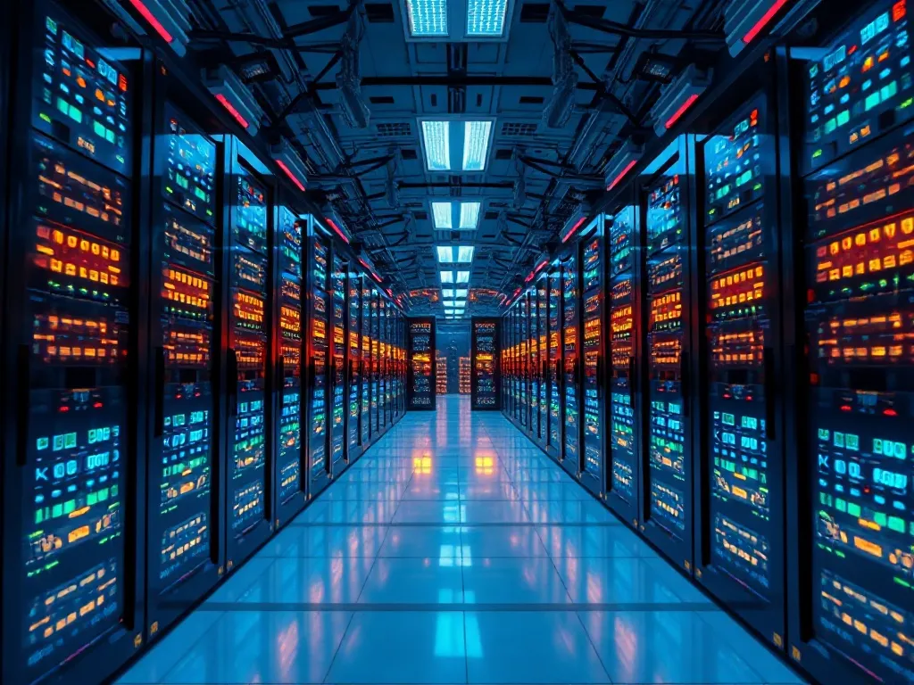 A high-tech server room with glowing blue and gold lights, f