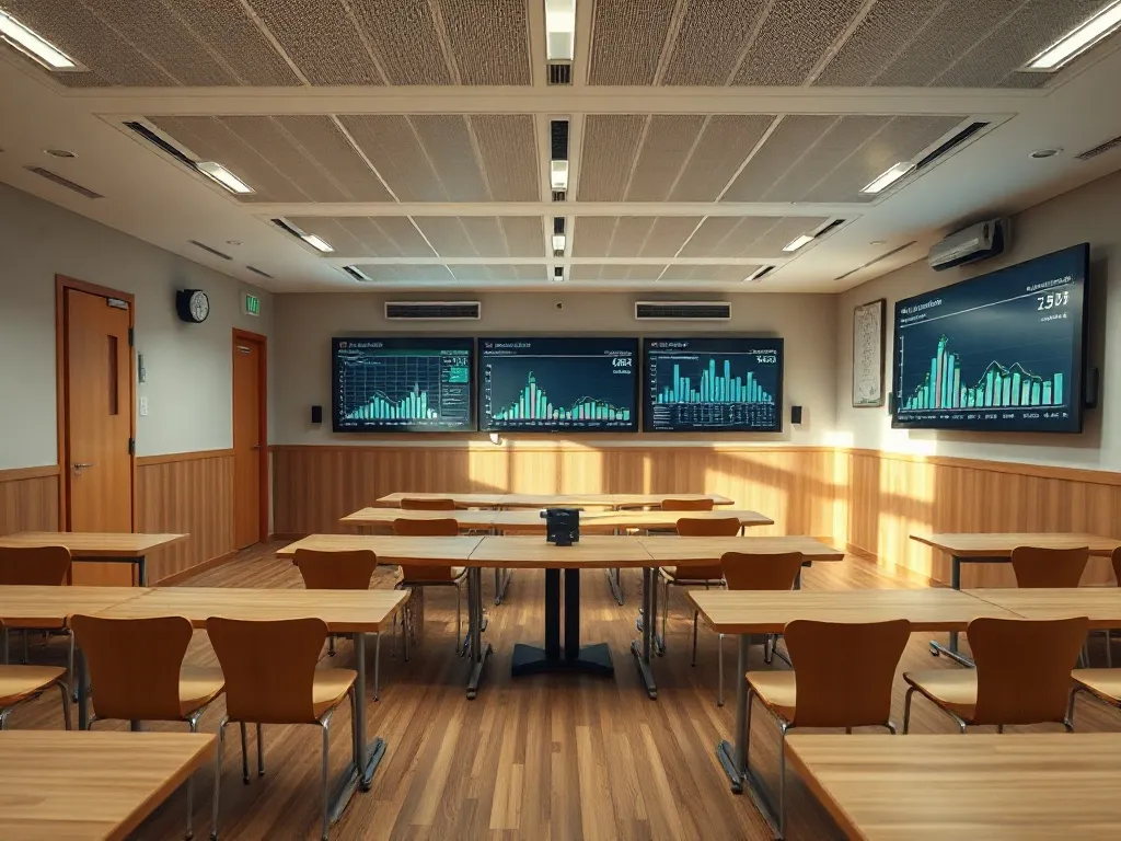 A modern high-tech classroom in Hiroshima with minimalist wo