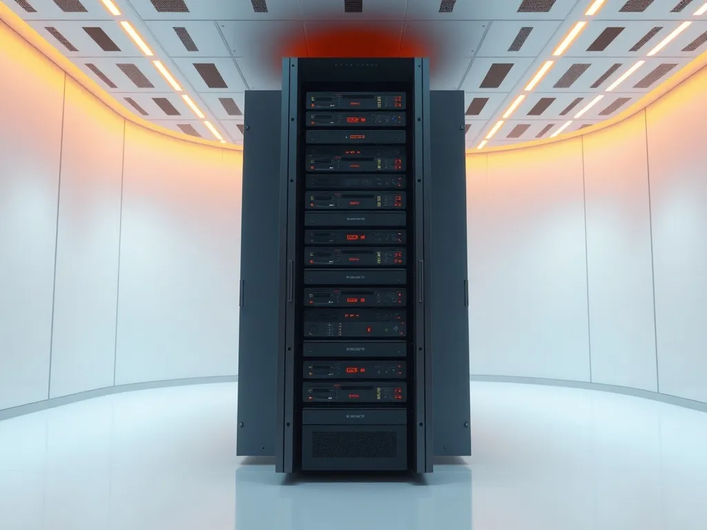 A minimalist server rack in a clean white room with glowing